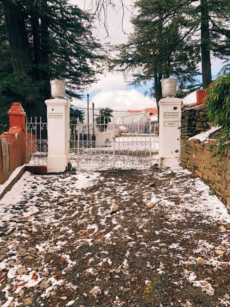 Scenic snowy entrance gate in Shimla, showcasing Victorian architecture amidst pine trees.